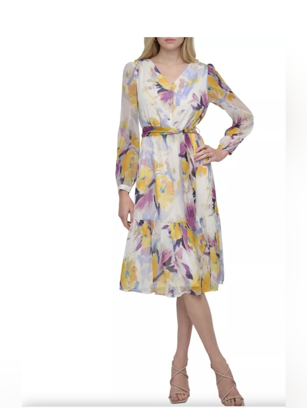 Dkny Yellow Sunshine Watercolor effect Multi Long Sleeve chiffon dress size 4